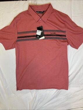 Travis Mathew Rose Polo with Dark Gray Stripes